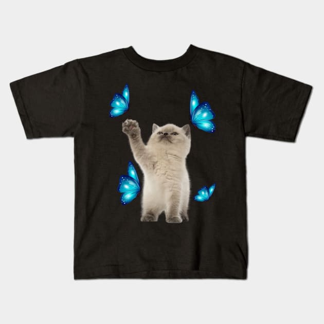 Cute White Cat With Butterfly Cat adoption For Cat Lover Kids T-Shirt by drag is art